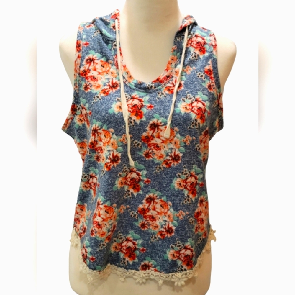 Inspired Hearts Floral Sleeveless Hoodie Sweatshirt Tank Crochet Trim Medium Jr